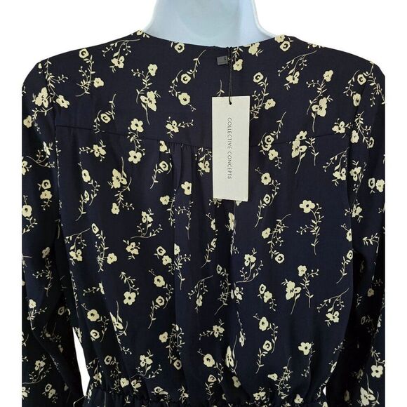 Floral Print Dress Lace Trim V-Neck Long Sleeve Navy & White fairycore flowers - Picture 5 of 8